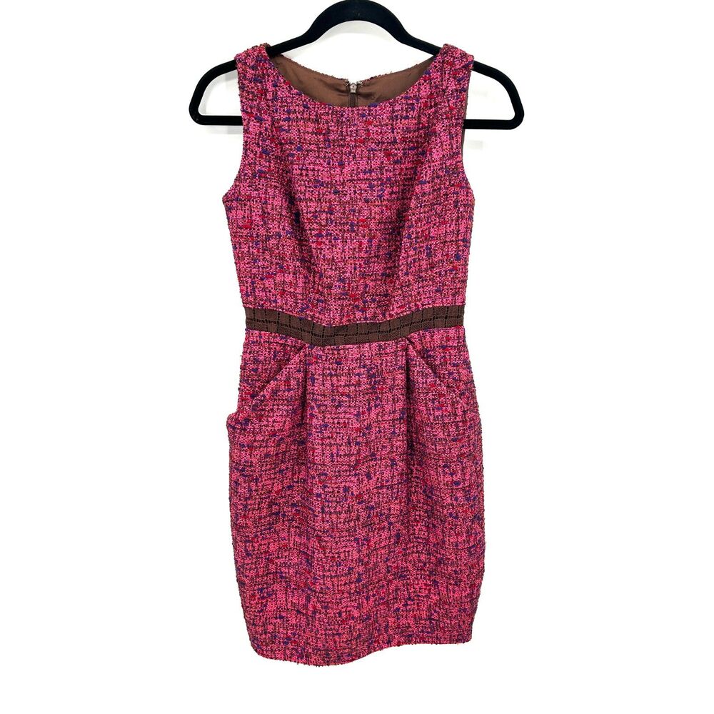 CARMEN MARC VALVO Pink Brown Tweed Pleated Office Sheath Dress Sleeveless Size 2
